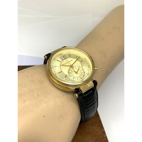 Michael Kors Women\'s Watch MK2433 Sawyer Quartz Gold Black Leather Band 39mm main image 13